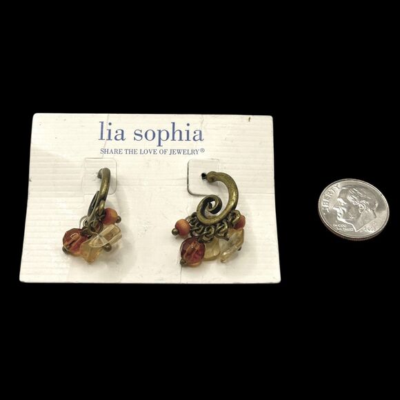 Lia Sophia Earrings Mantra Spiral Hoops Dangle Bead Antiqued Gold Tone Retired - Picture 5 of 7